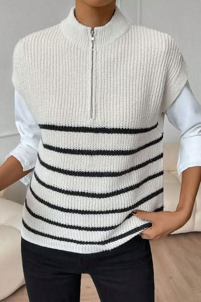 Striped Mock Neck Half Zip Sweater Vest - LustMia