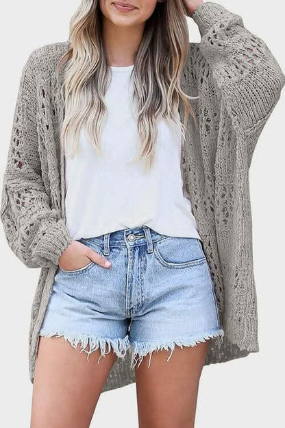 Openwork Open Front Long Sleeve Cardigan - LustMia