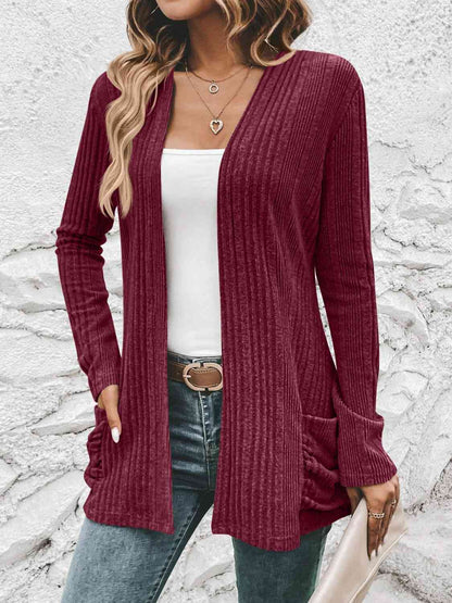 Ribbed Open Front Cardigan with Pockets - LustMia