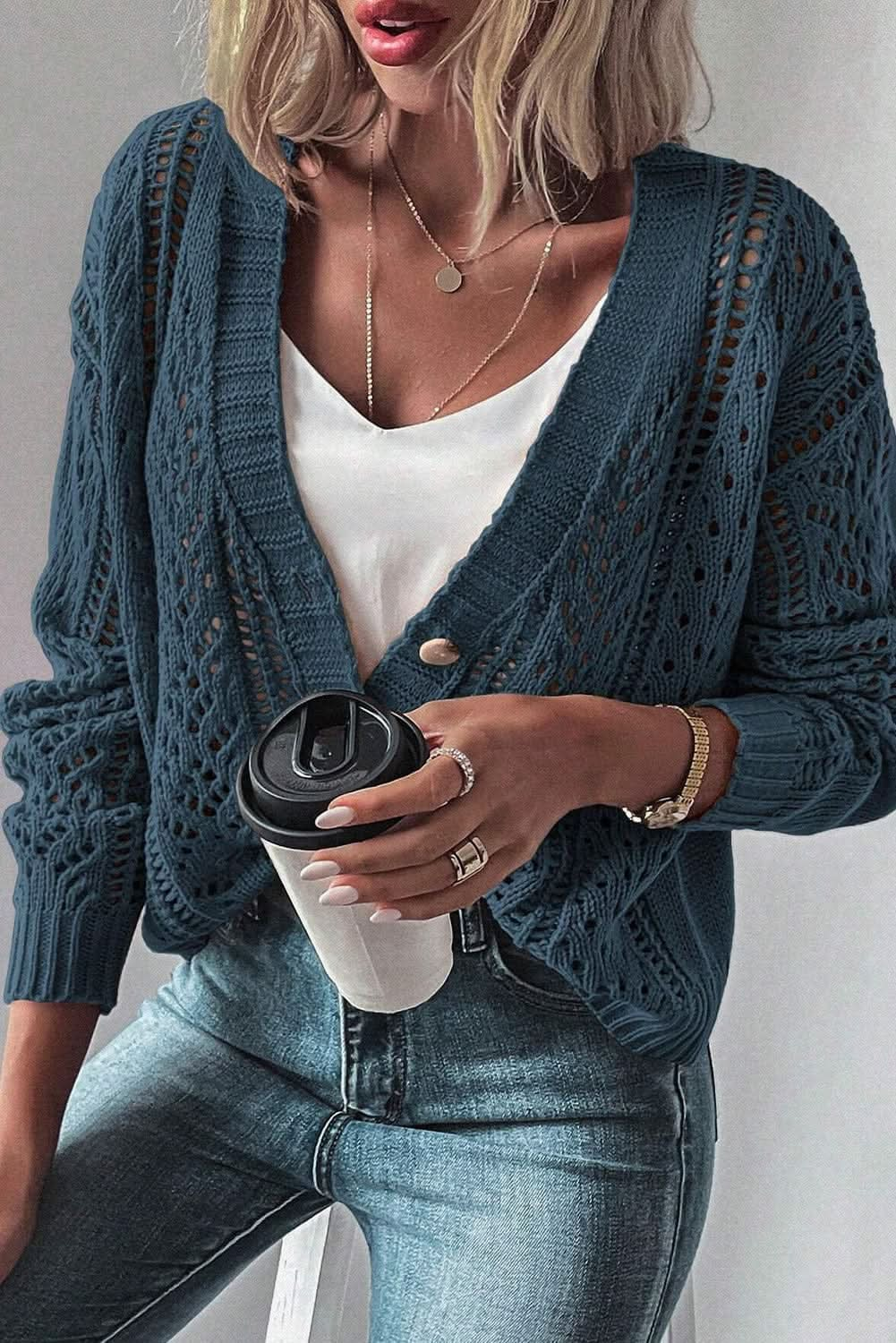 Real Teal Open Knit Drop Shoulder Sweater Cardigan - LustMia