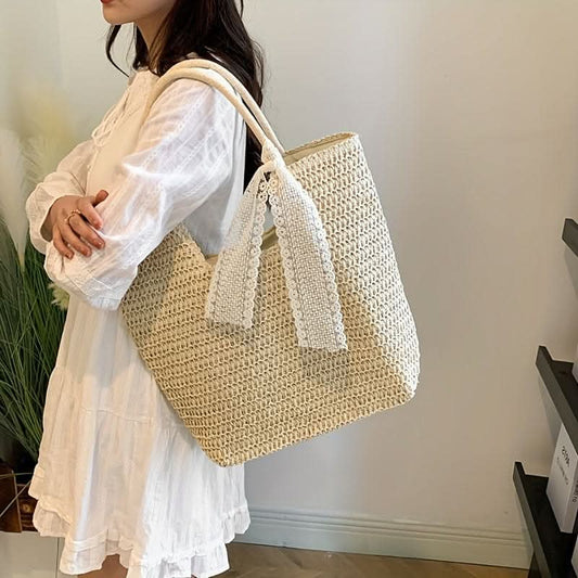 Summer Woven Straw Bag, Boho Style Tote Bag, Retro Travel Vacation Seaside Beach Bag - LustMia