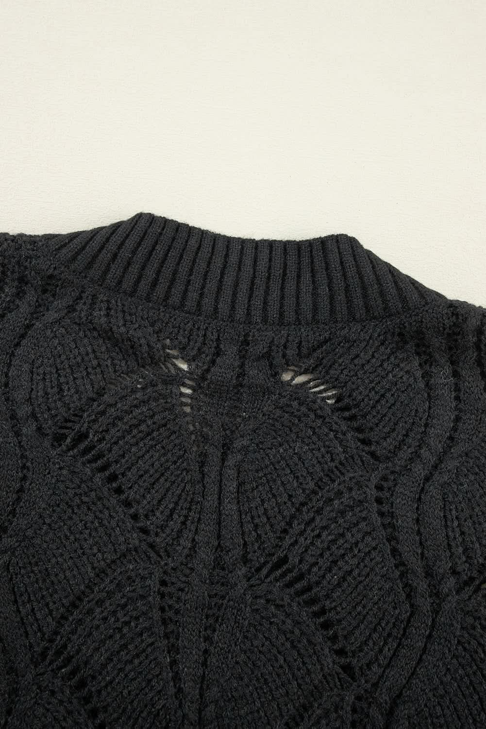 Black Hollow Out Knit V Neck Drop Shoulder Sweater - LustMia