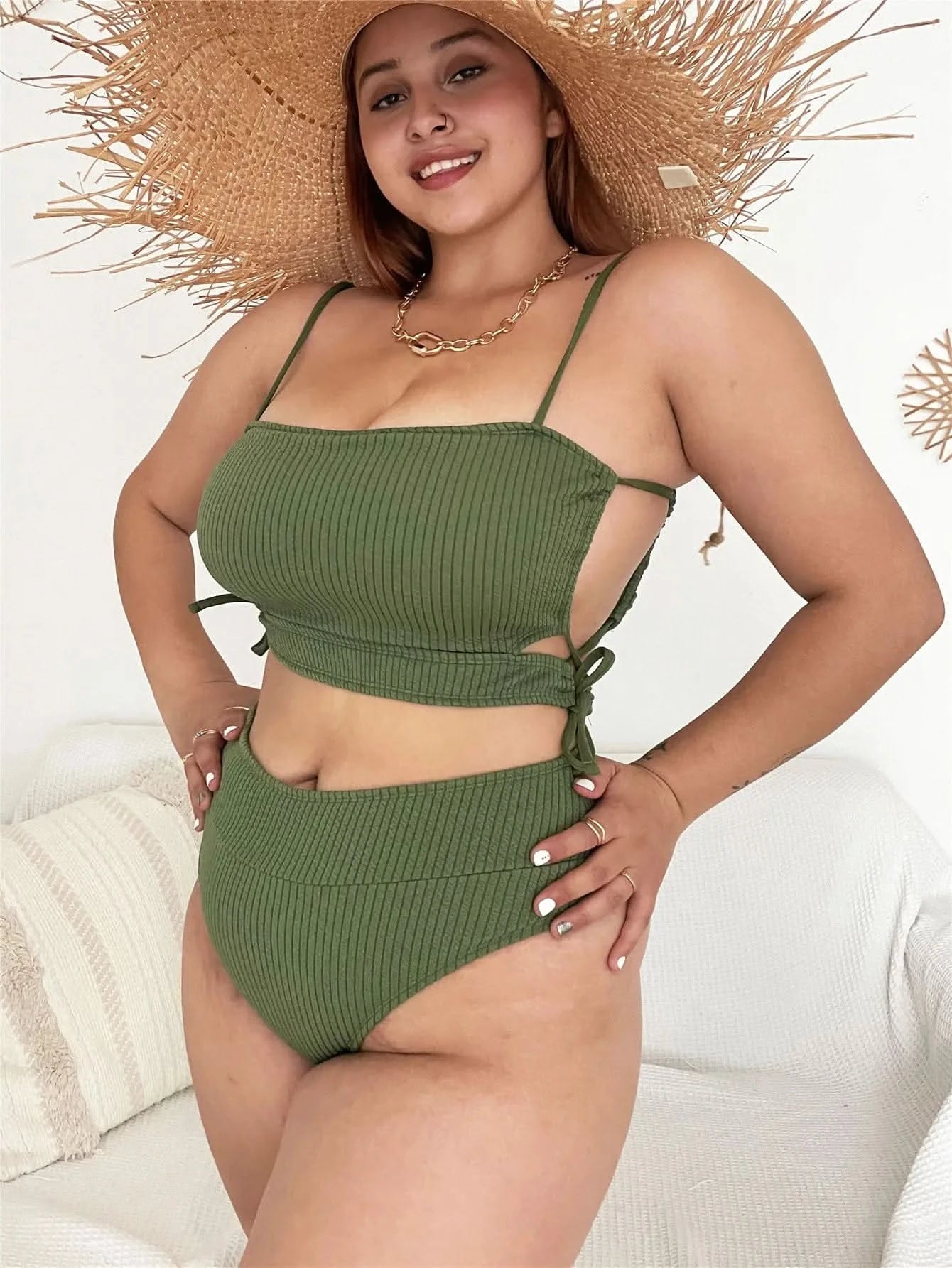 Women Plus Size Bikini Solid Color Bikini Two Piece High Waist Bikini Swimsuit Swimwear Gather Bikini Swimming Beach - LustMia