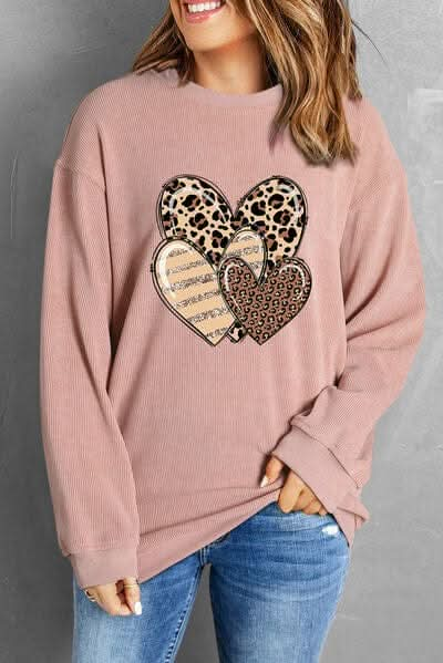 Heart Ribbed Round Neck Sweatshirt - LustMia