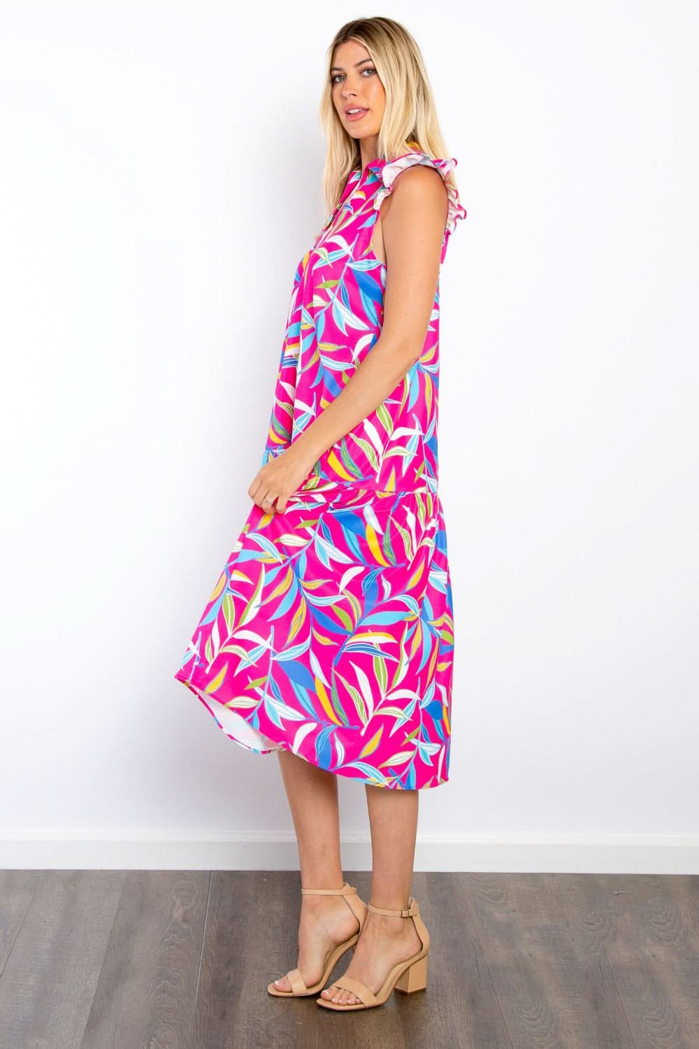 Be Stage Print Ruffled Midi Dress with Pockets - LustMia