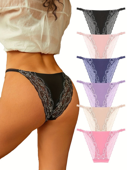 6pcs Contrast Lace Briefs, Comfy & Breathable Stretchy Intimates Panties, Women's Lingerie & Underwear - LustMia