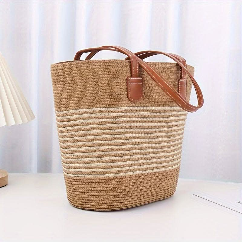 Woven Straw Tote Bag, Beach Bag With Durable Faux Leather Handles, Summer Vacation Accessory - LustMia