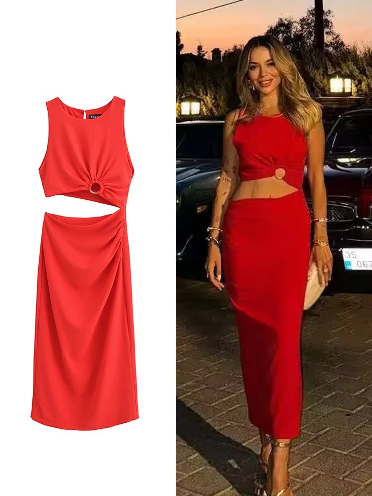 TRAF Sexy Hollow Midi Dress For Women 2024 Summer Fashion Slim Sleeveless Chic Elegant Female Evening Vestidos - LustMia