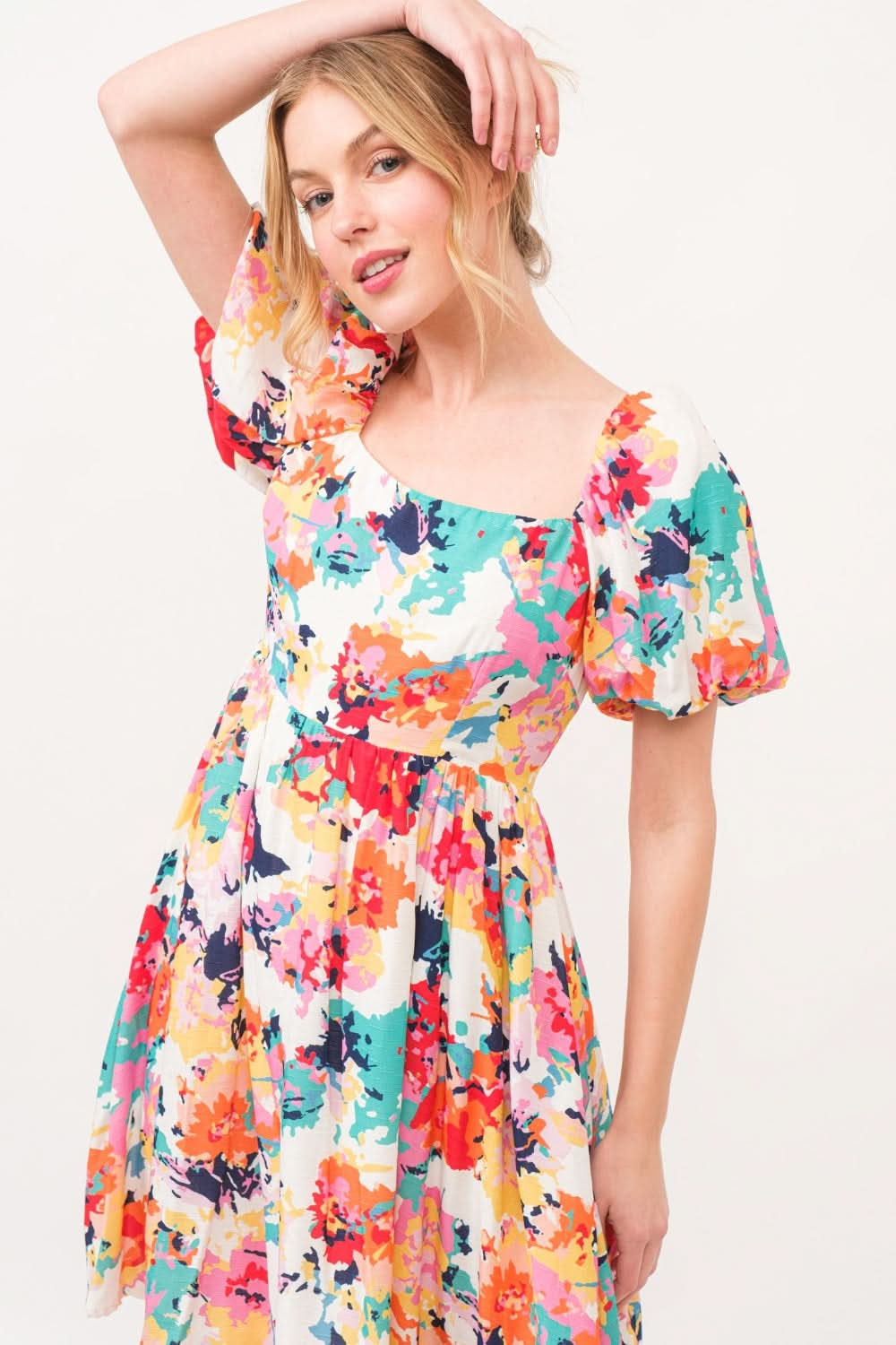 And The Why Square Neck Puff Sleeve Floral Dress - LustMia