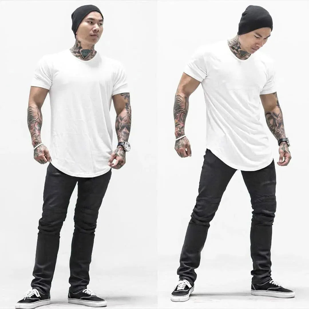Men T Shirt Solid Colors Casual Workout Shirts Curved Hem T-Shirt Men Fashion Streetwear 3XL - LustMia