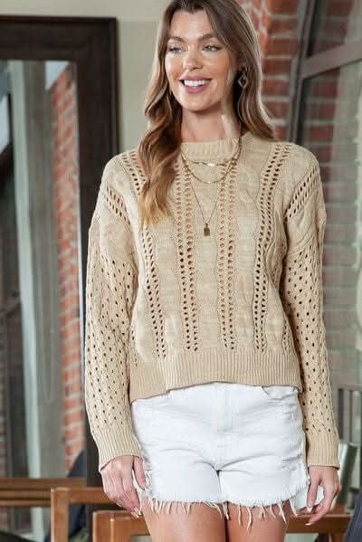 Full Size Openwork Cable - Knit Round Neck Knit Top - LustMia