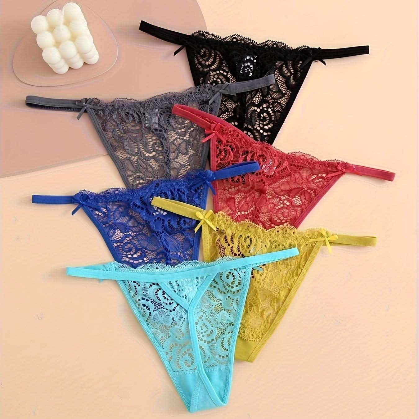 6 Pcs Sexy Solid Thongs, Bow Lace Semi Sheer Spaghetti Strap Intimates Panties, Women's Lingerie & Underwear - LustMia