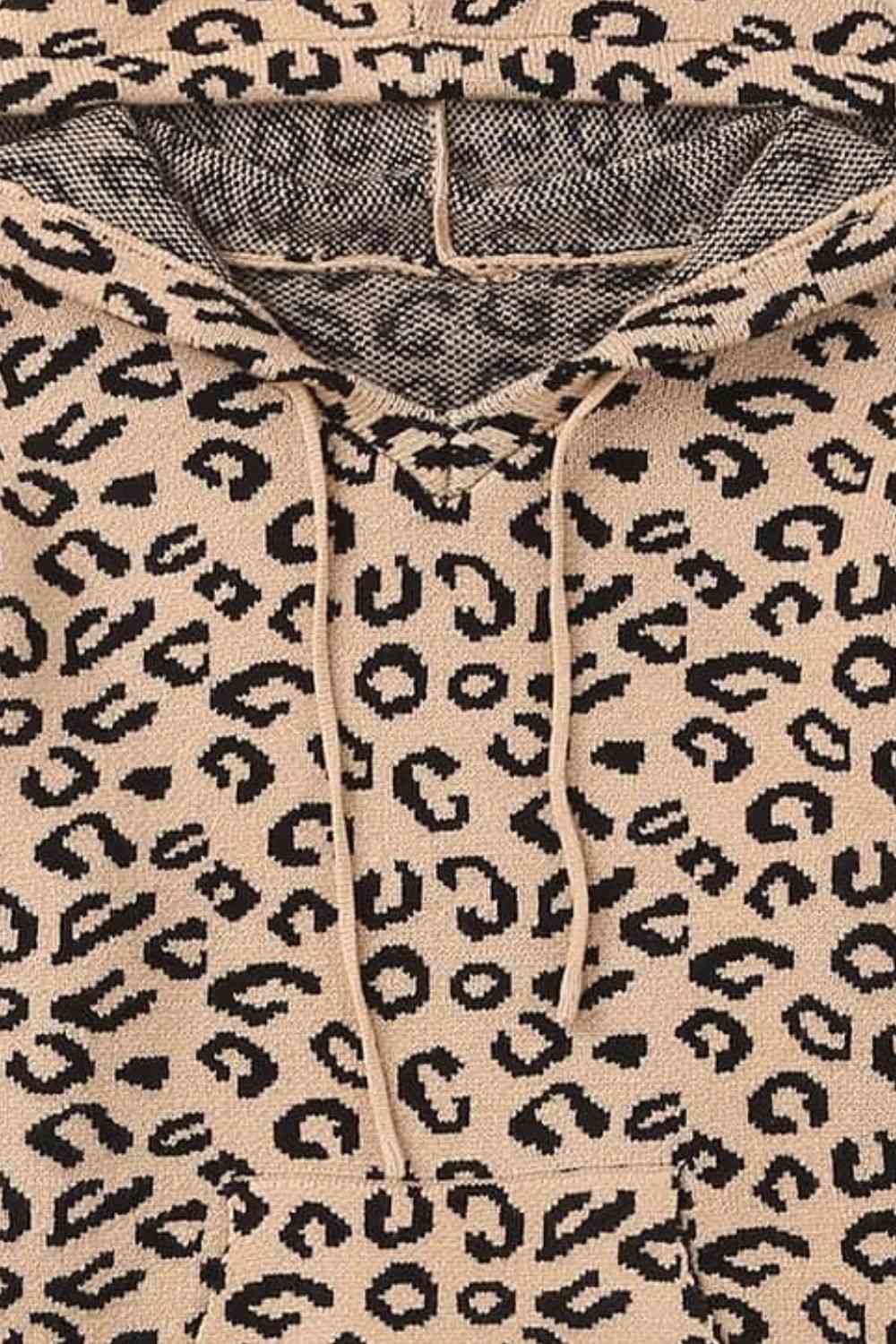 Woven Right Leopard Print Drawstring Hooded Sweater - LustMia