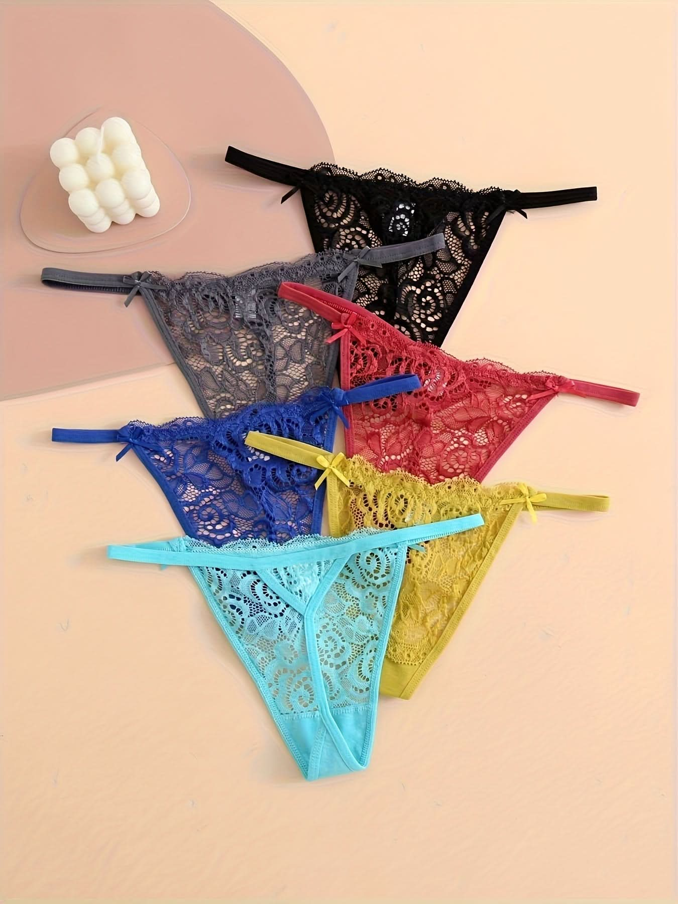 6 Pcs Sexy Solid Thongs, Bow Lace Semi Sheer Spaghetti Strap Intimates Panties, Women's Lingerie & Underwear - LustMia