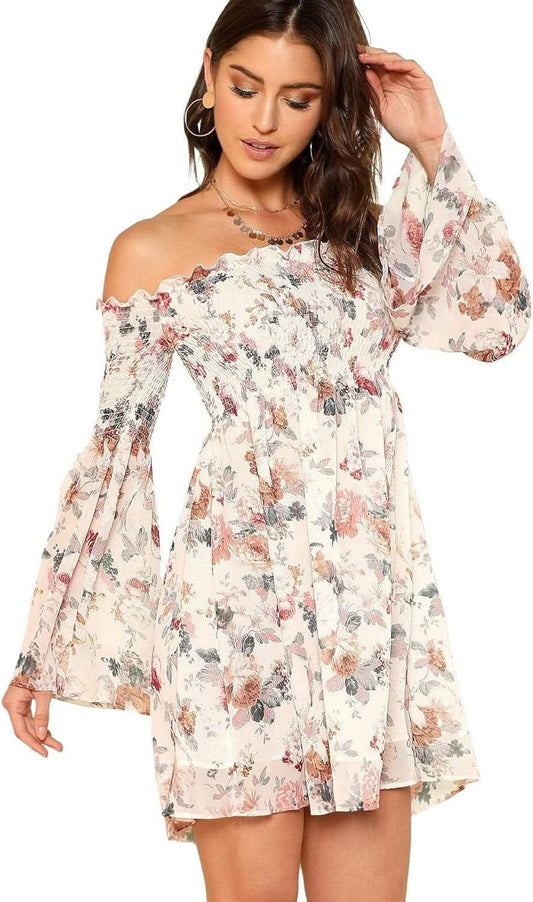 Women'S Casual Floral Print off Shoulder Trumpet Sleeve Swing Dress - LustMia