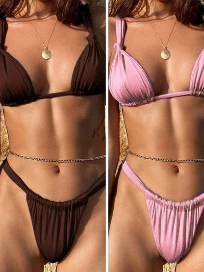 Miyouj Pleasted Bikinis Colaless Swimsuit Triangle Bikini Set Women Swimwear Halter Bathing Suits Bandage Beachwear Brazilian - LustMia