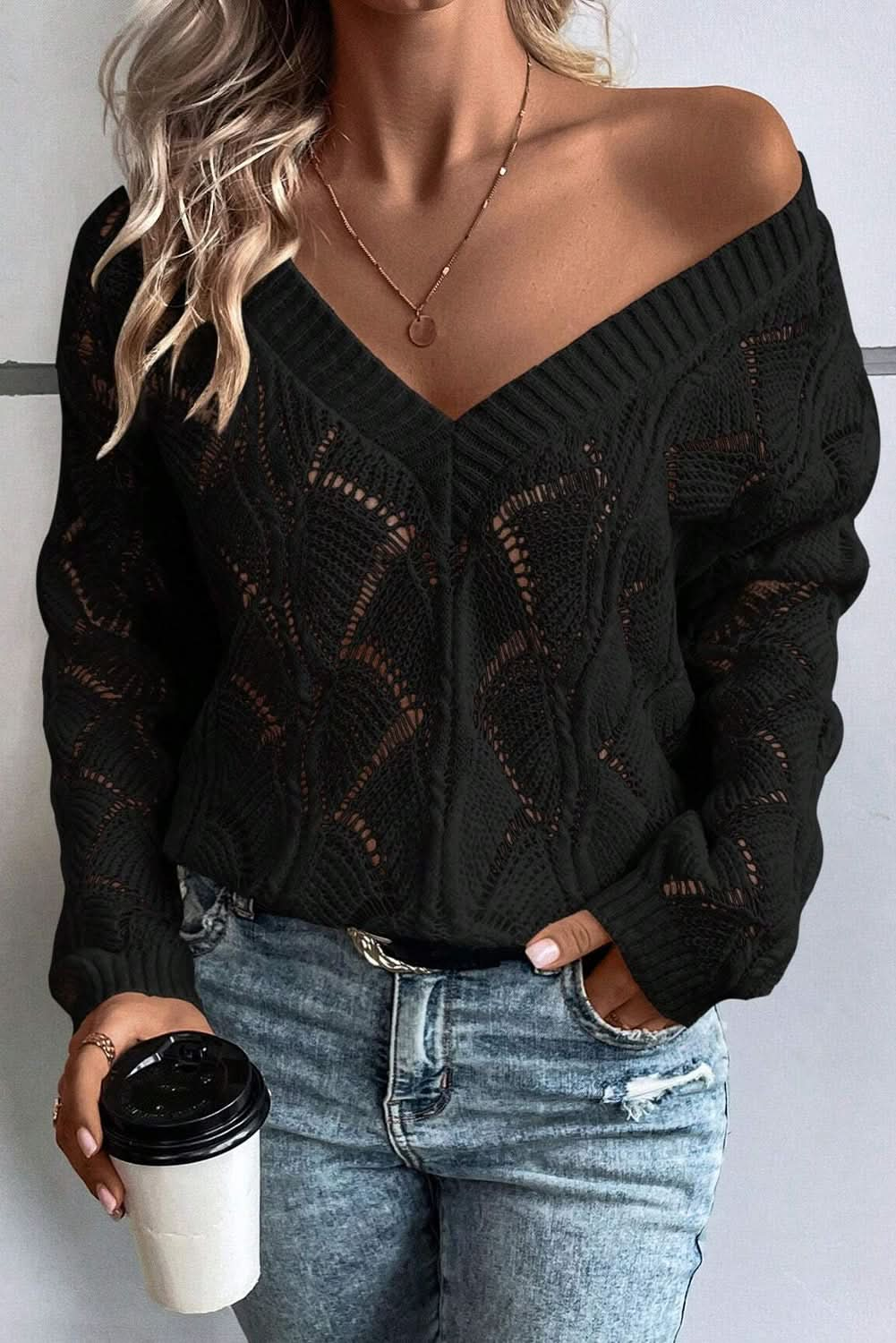 Black Hollow Out Knit V Neck Drop Shoulder Sweater - LustMia