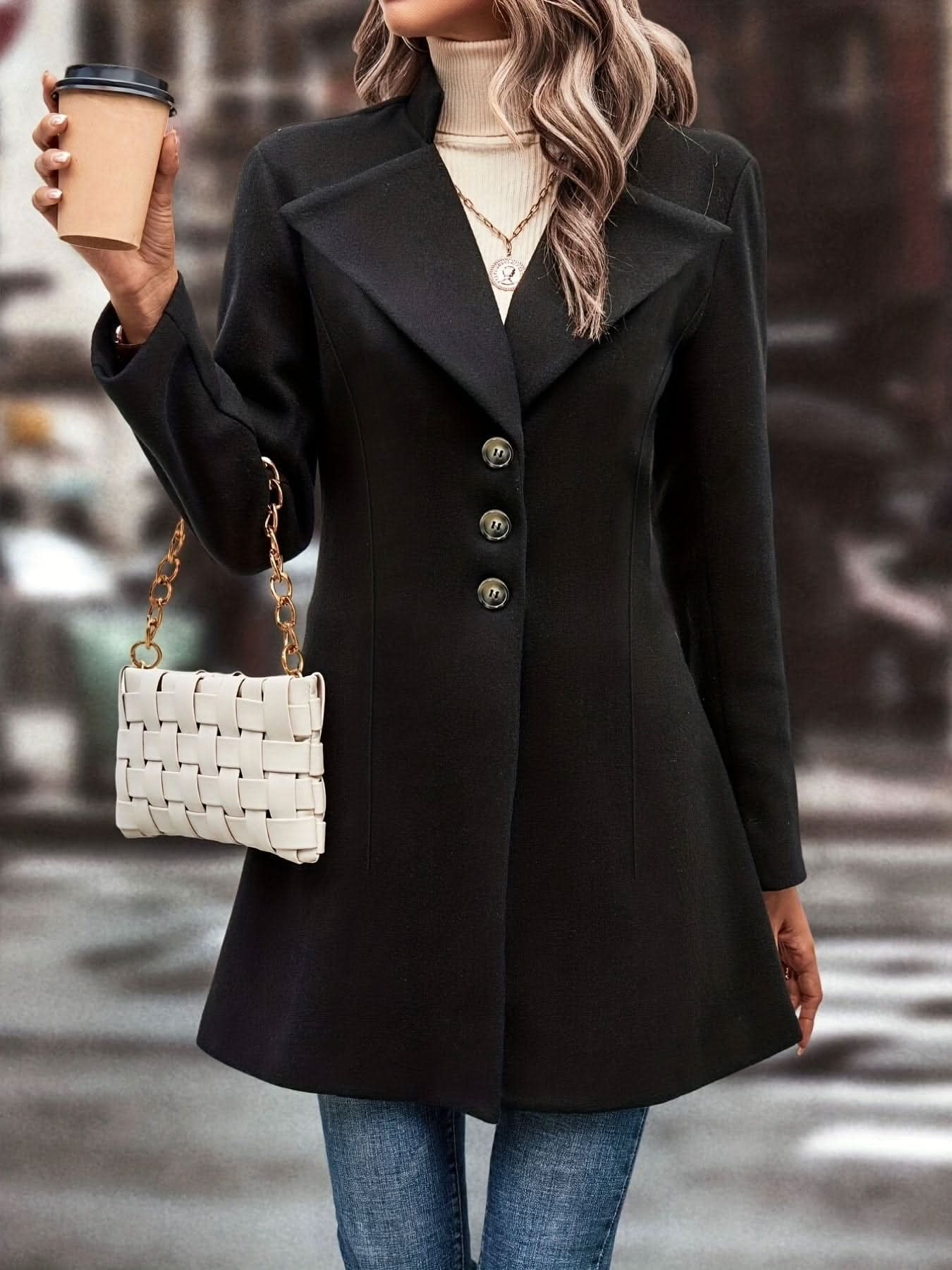 Elegant Womens Single Button Lapel Knit Overcoat - LustMia