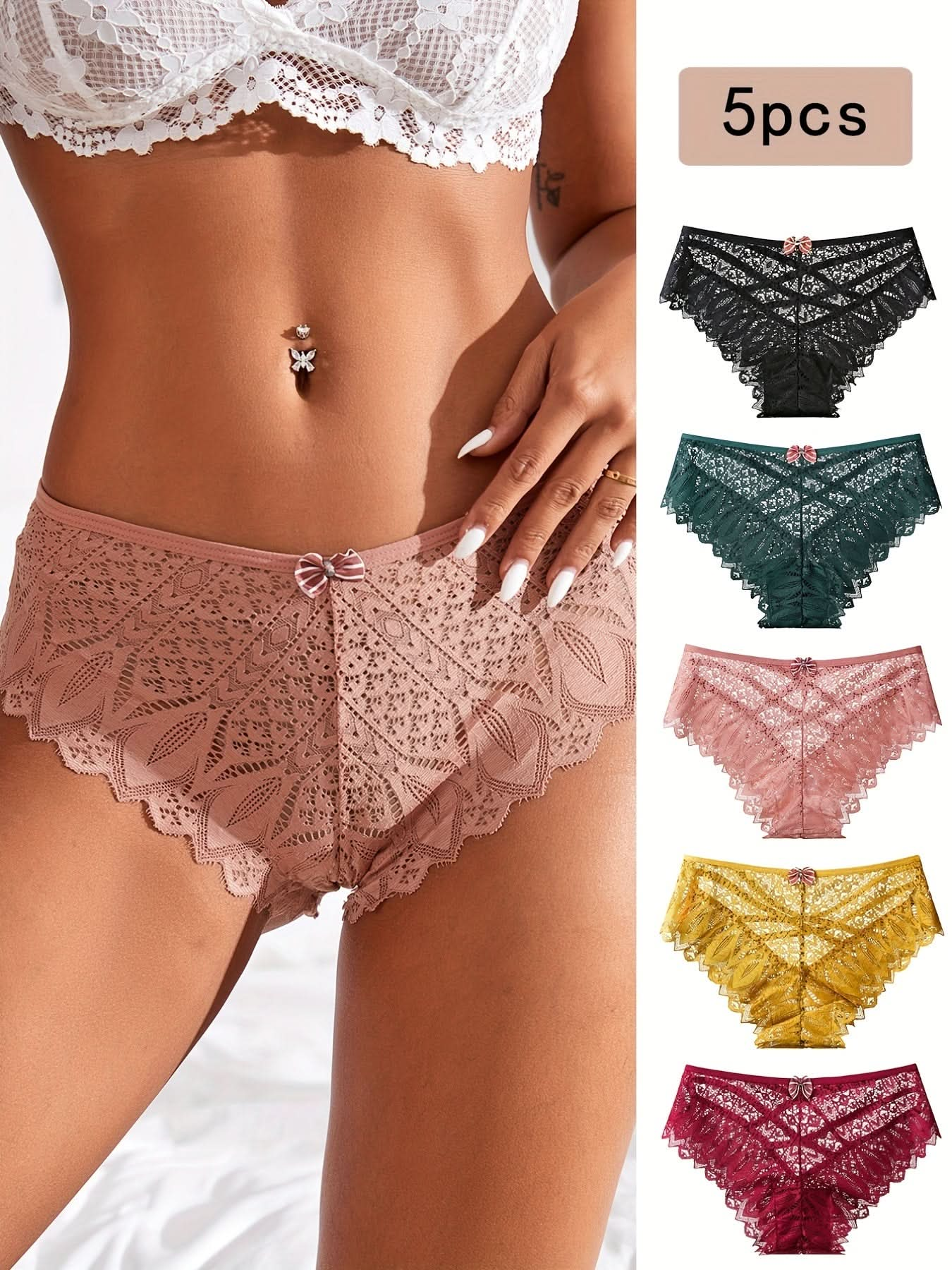 5pcs Floral Lace Bow Tie Panties, Criss Cross Hollow Out Scallop Trim Panties, Women's Lingerie & Underwear - LustMia