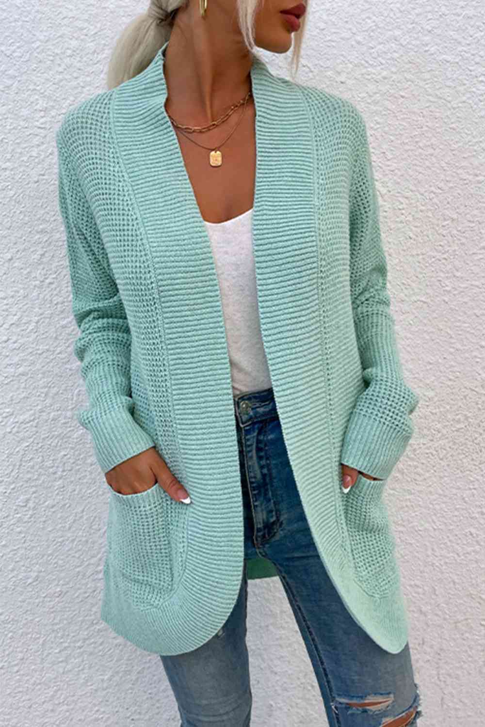 Open Front Rib - Knit Cardigan with Pockets - LustMia