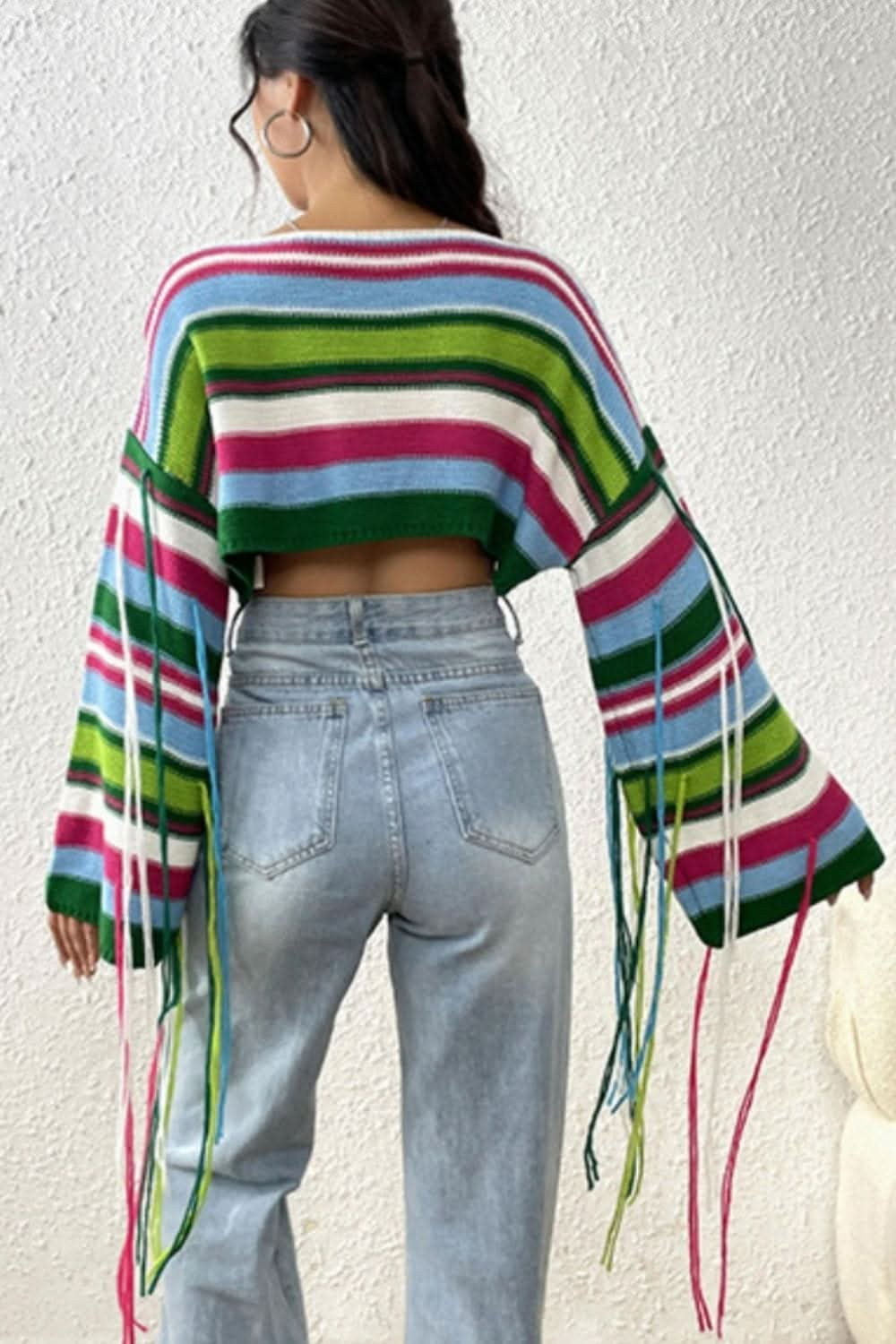 Fringe Striped Round Neck Knit Top - LustMia