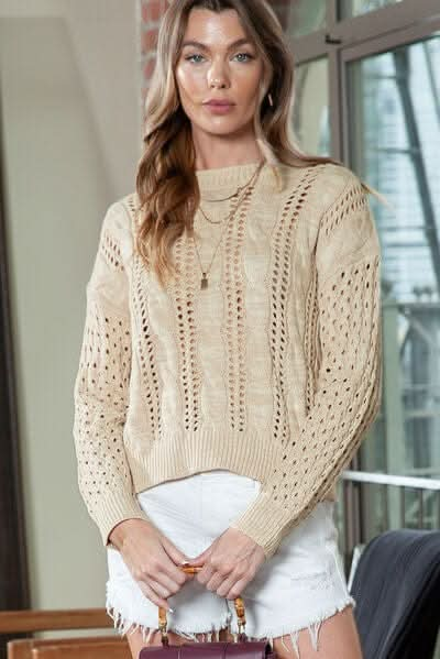 Full Size Openwork Cable - Knit Round Neck Knit Top - LustMia