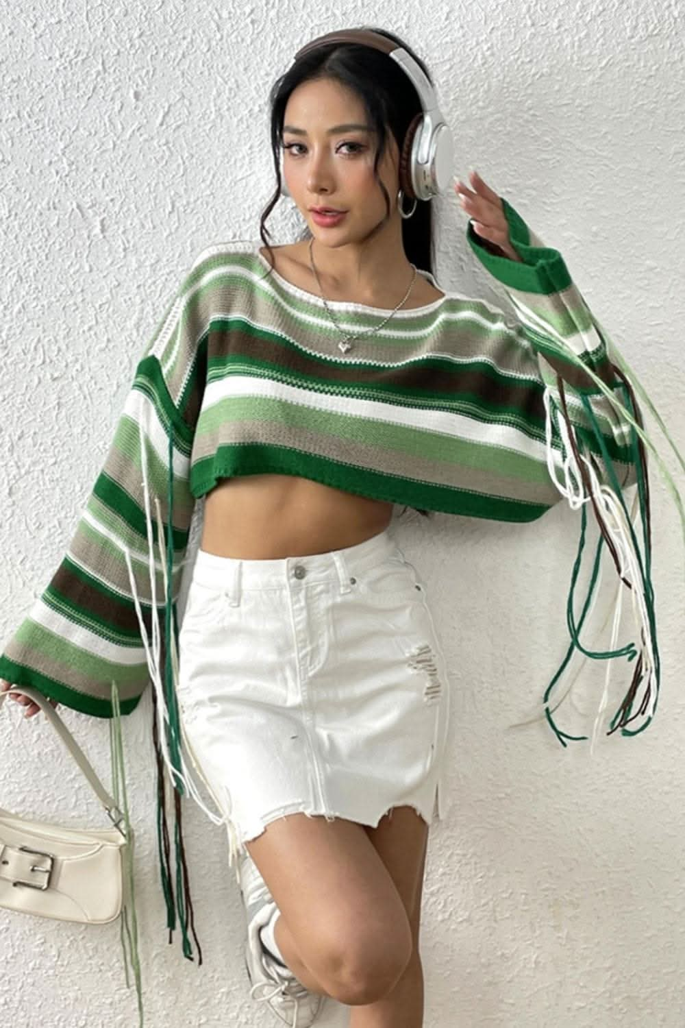 Fringe Striped Round Neck Knit Top - LustMia