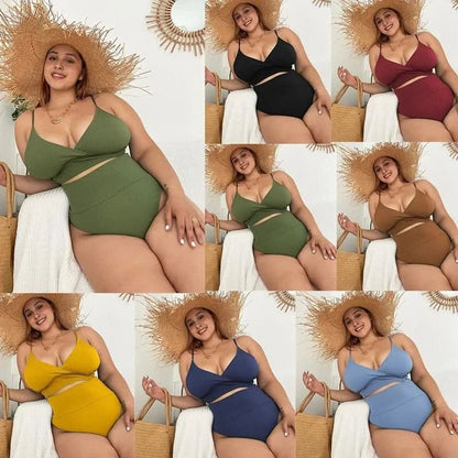 Women Plus Size Bikini Solid Color Bikini Two Piece High Waist Bikini Swimsuit Swimwear Gather Bikini Swimming Beach - LustMia