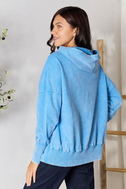 Zenana Half Snap Long Sleeve Hoodie with Pockets - LustMia