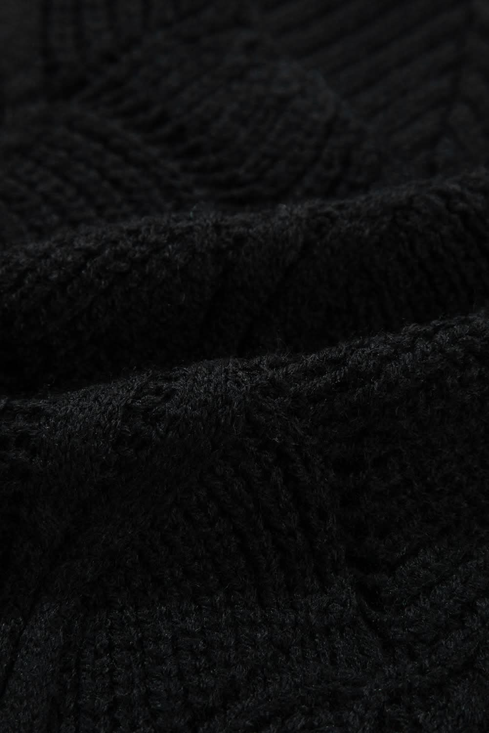 Black Hollow Out Knit V Neck Drop Shoulder Sweater - LustMia