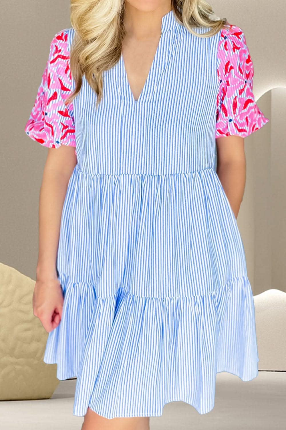 Embroidered Striped Notched Short Sleeve Dress - LustMia