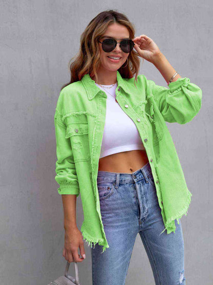 Distressed Drop Shoulder Denim Jacket - LustMia