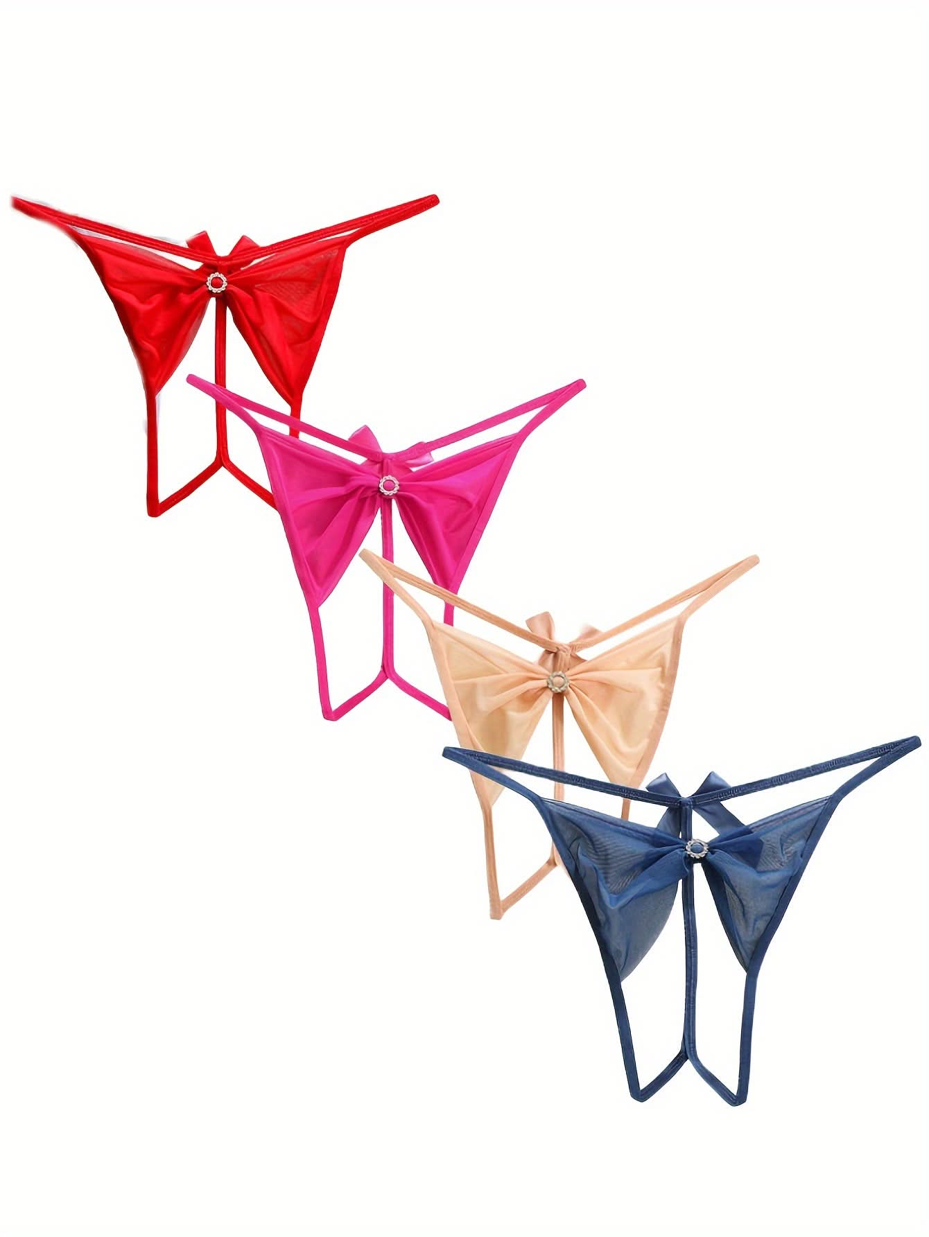 4pcs Solid Mesh Thongs, Cute Bow Knot Open Crotch Intimates Panties, Women's Sexy Lingerie & Underwear - LustMia