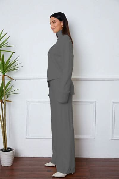 Turtleneck Dropped Shoulder Top and Pants Sweater Set - LustMia