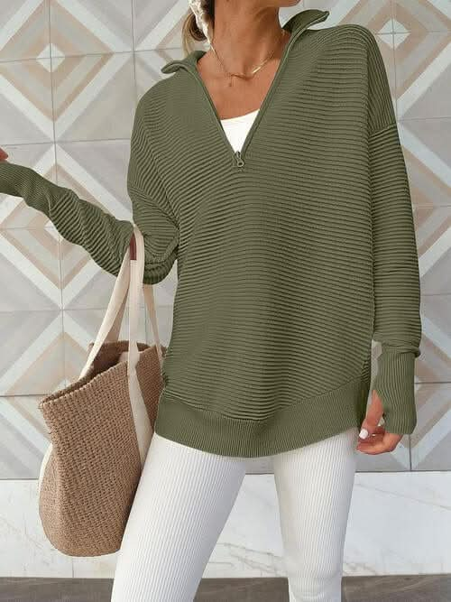 Half Zip Long Sleeve Knit Top - LustMia