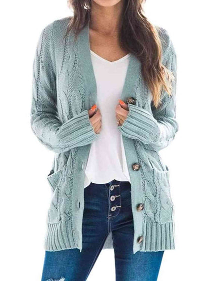 Cable - Knit Buttoned Cardigan with Pockets - LustMia