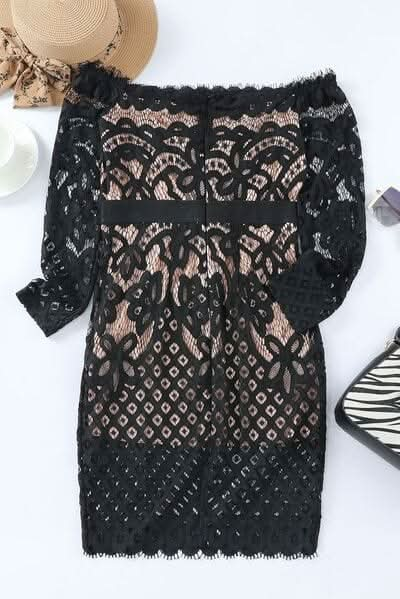 Off - Shoulder Long Sleeve Lace Dress - LustMia