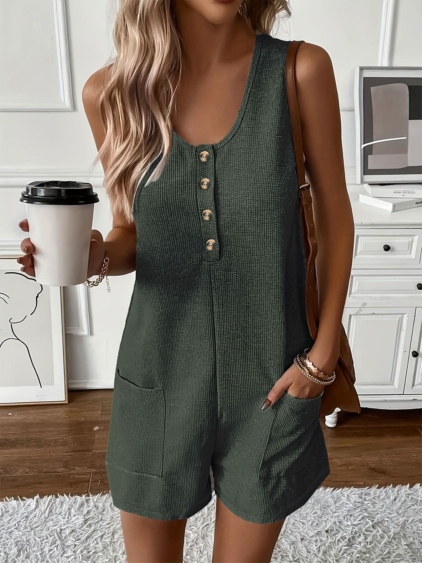 Chic Womens Sleeveless ButtonFront Romper with Pockets - LustMia