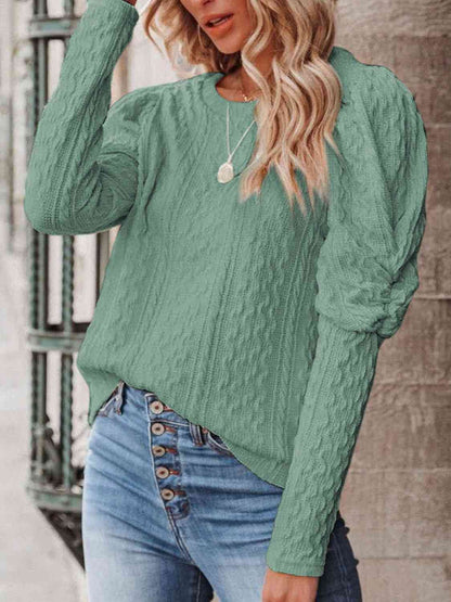 Round Neck Puff Sleeve Knit Top - LustMia