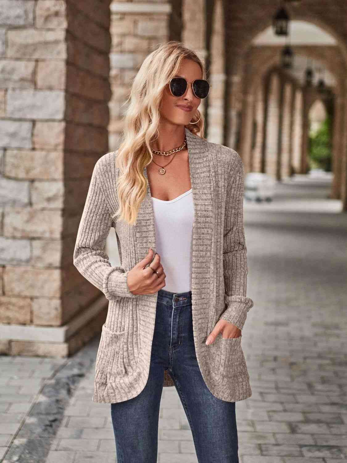 Open Front Cardigan with Pockets - LustMia