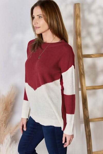 Hailey & Co Full Size Color Block Dropped Shoulder Knit Top - LustMia