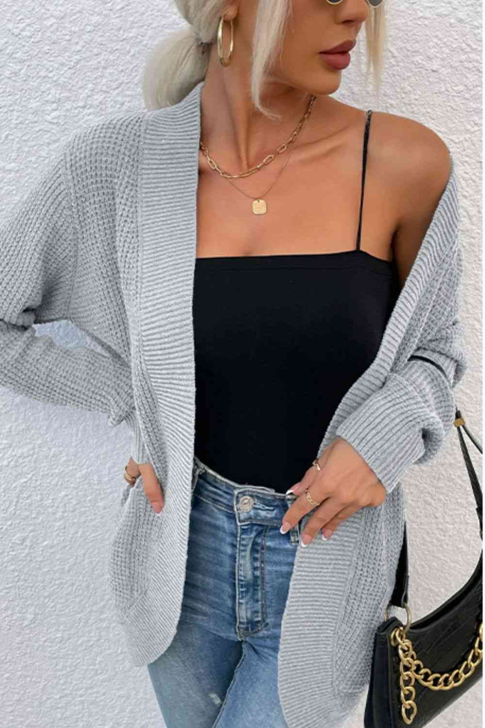 Open Front Rib - Knit Cardigan with Pockets - LustMia