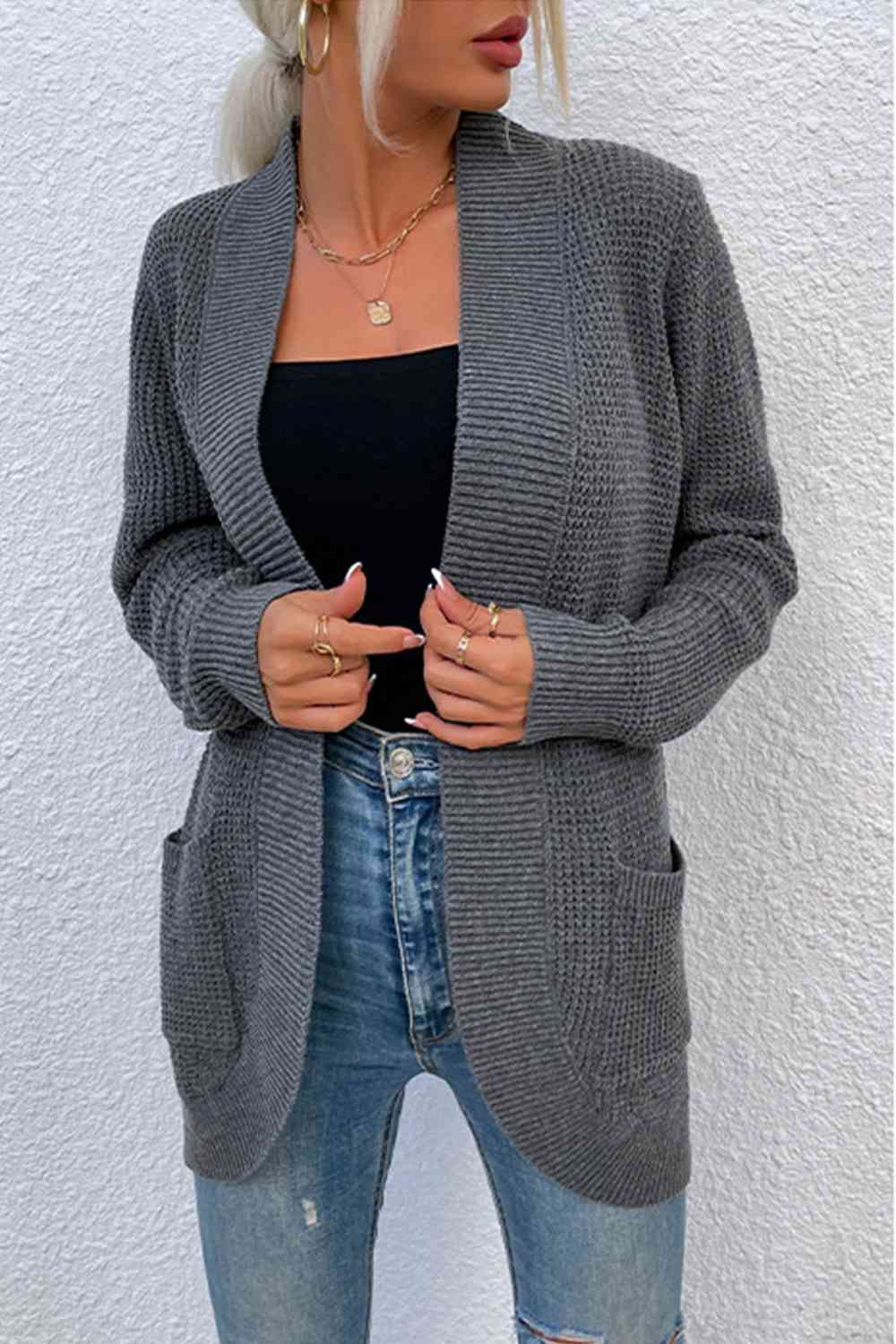 Open Front Rib - Knit Cardigan with Pockets - LustMia