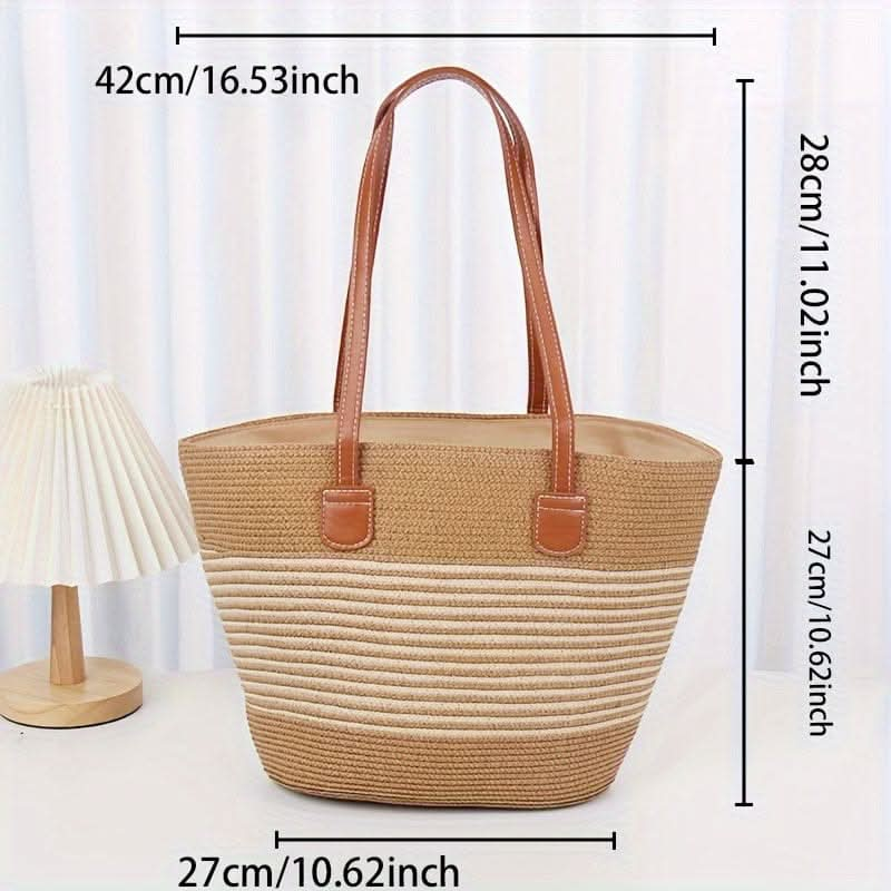 Woven Straw Tote Bag, Beach Bag With Durable Faux Leather Handles, Summer Vacation Accessory - LustMia