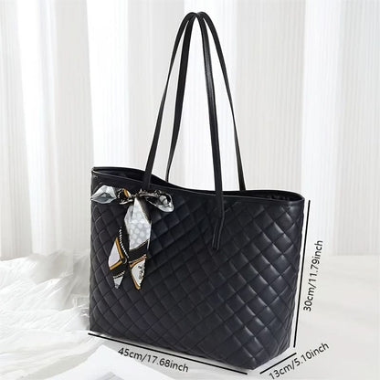 Quilted Tote Bag with Bow - Black, White, and Brown - LustMia