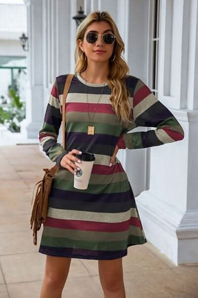 Striped Round Neck Long Sleeve Dress - LustMia