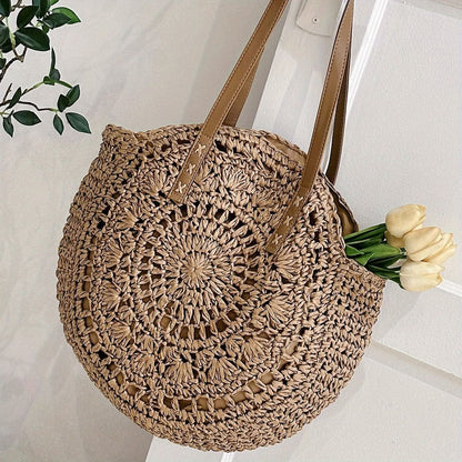 Straw Woven Casual Tote Bag, Double Handle Literary Beach Bag, Round Shape Portable Braided Bag - LustMia