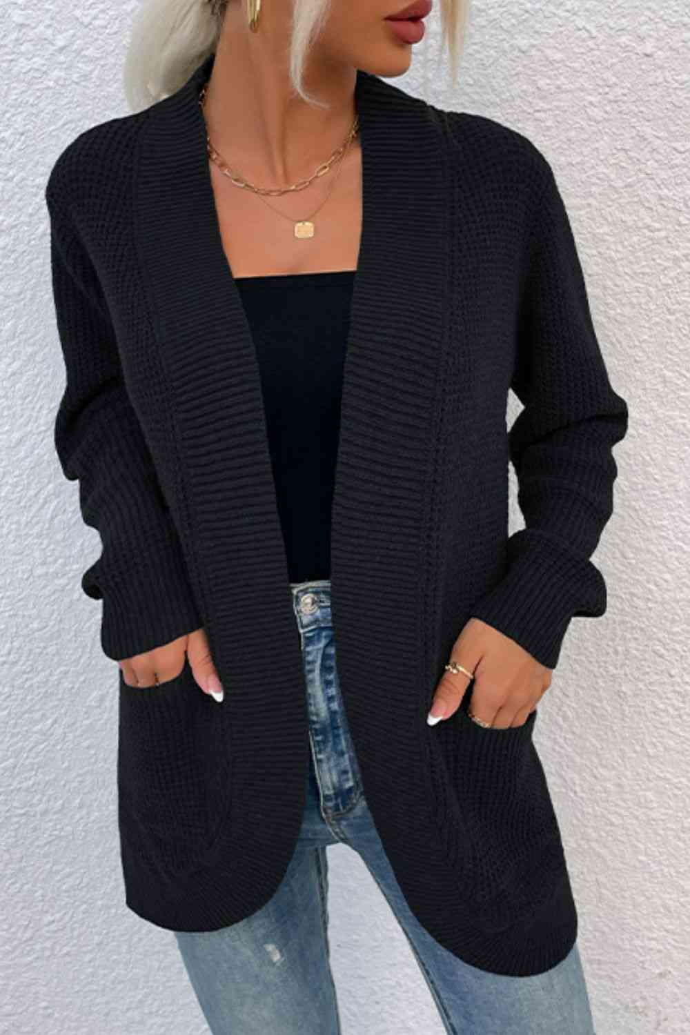 Open Front Rib - Knit Cardigan with Pockets - LustMia