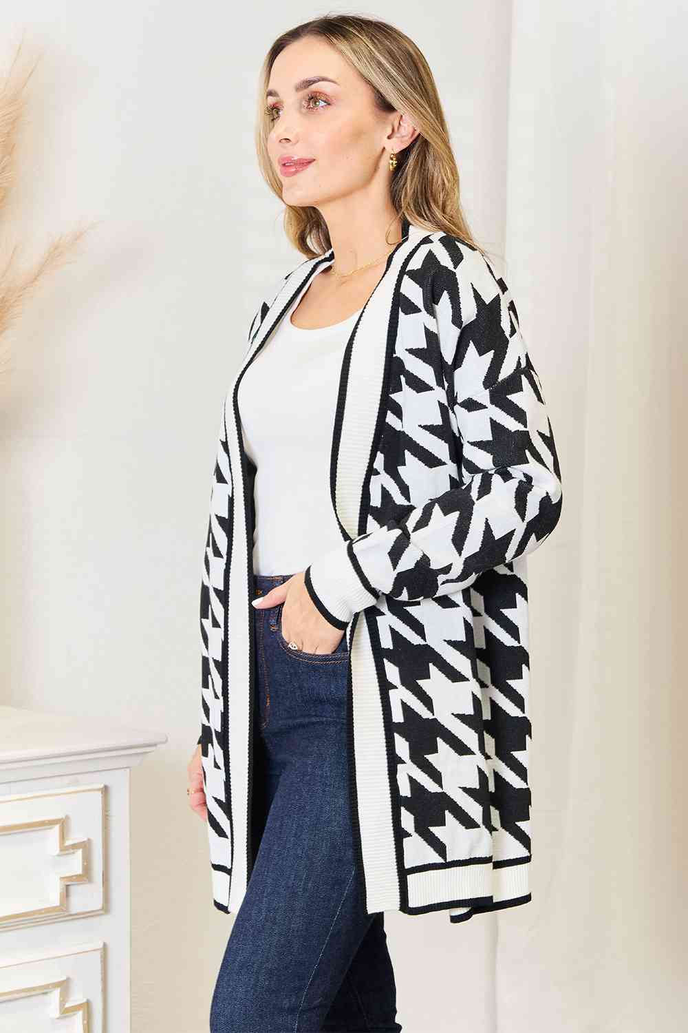 Woven Right Houndstooth Open Front Longline Cardigan - LustMia