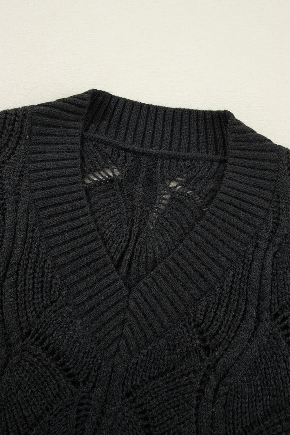 Black Hollow Out Knit V Neck Drop Shoulder Sweater - LustMia